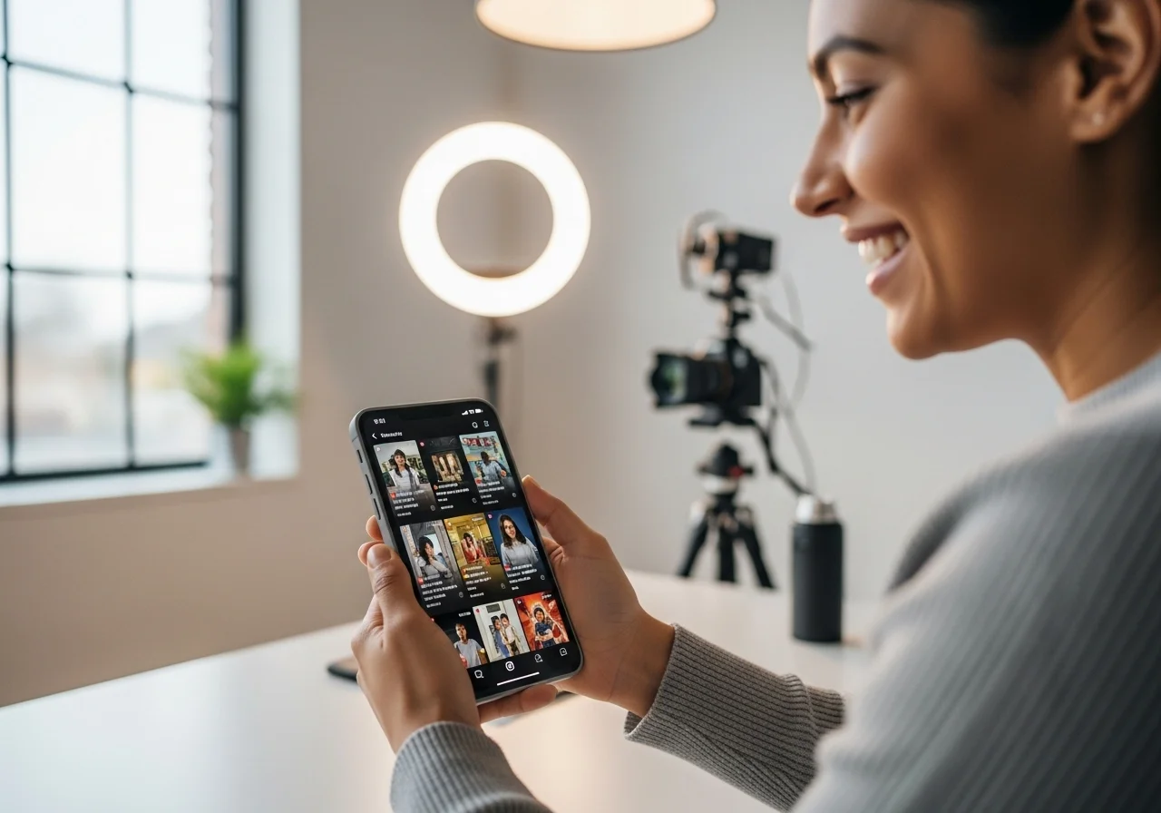 Creator happily using a mobile device